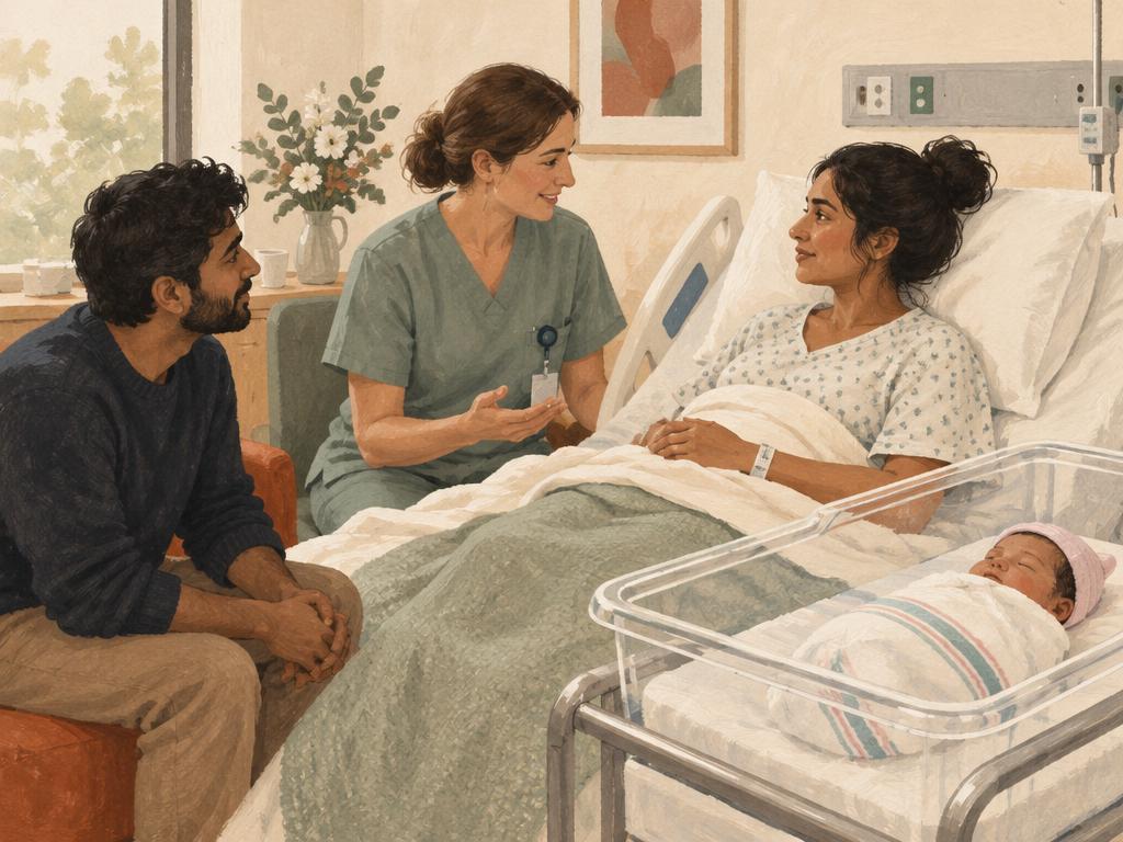 A nurse talks with a mother resting in a hospital bed while her partner listens and the baby sleeps in a bassinet.