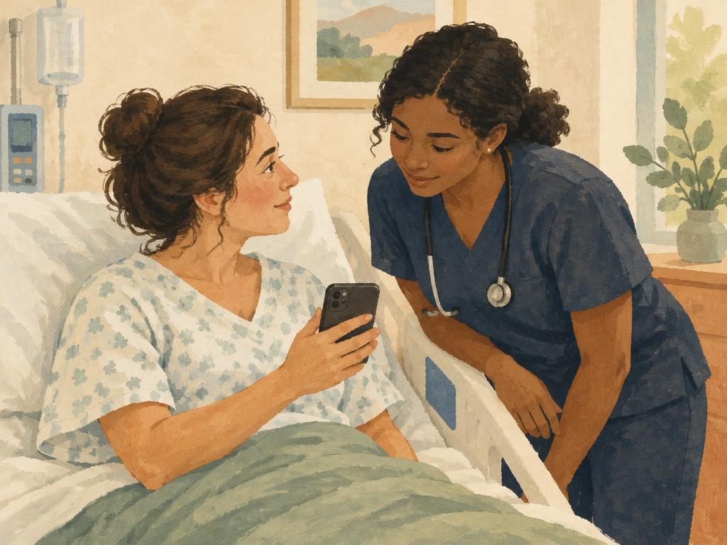 A mother shows a question on her phone to a nurse, who leans in to read it.